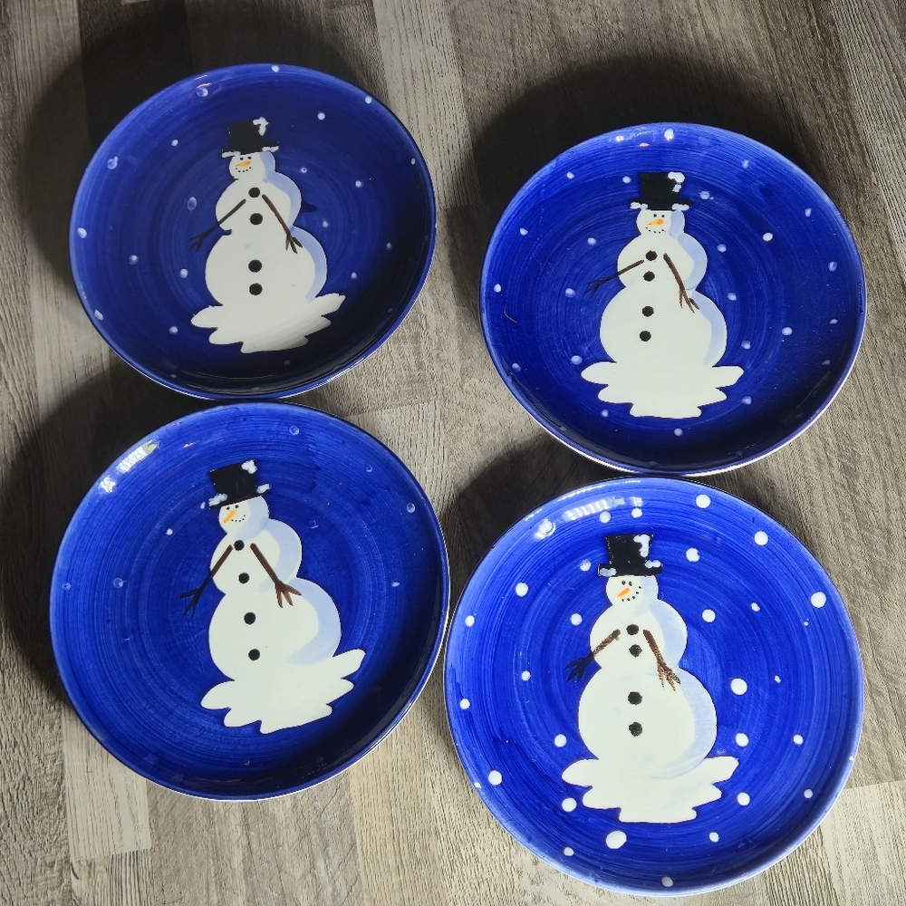Snowman Salad Plates Rustic Holiday Winter Cobalt Blue Ceramic Tableware Set 4pc